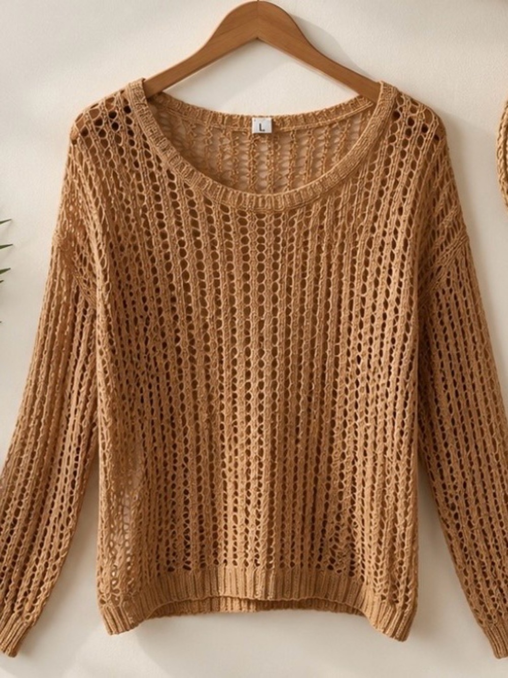 Open Knit Crochet Sweater Tan Beige Long Sleeve Beach Cover Up Size Large